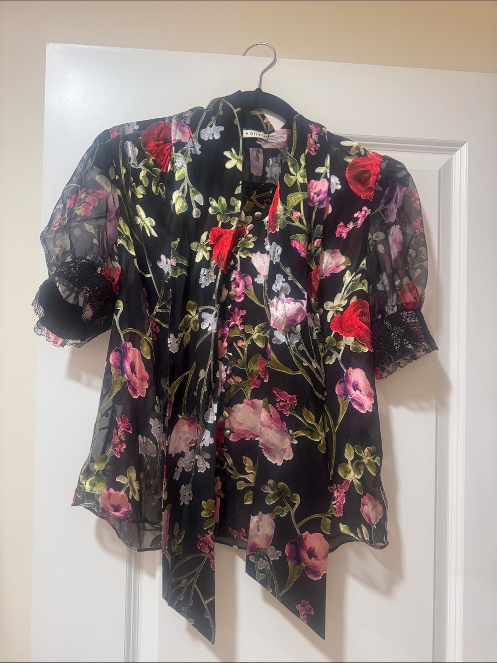 Alice + Olivia Black Sheer Floral Tie-Neck Blouse with Red & Pink Blooms